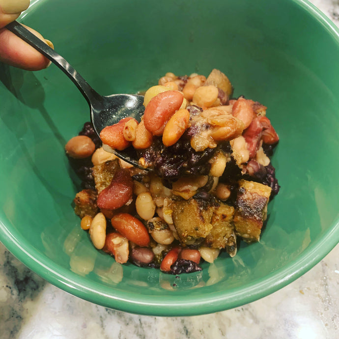 Vegan-ish: A Physician’s Journey to More Plant-Based Meals | 16 Bean Medley with Plant-Based Sausage and Purple Rice